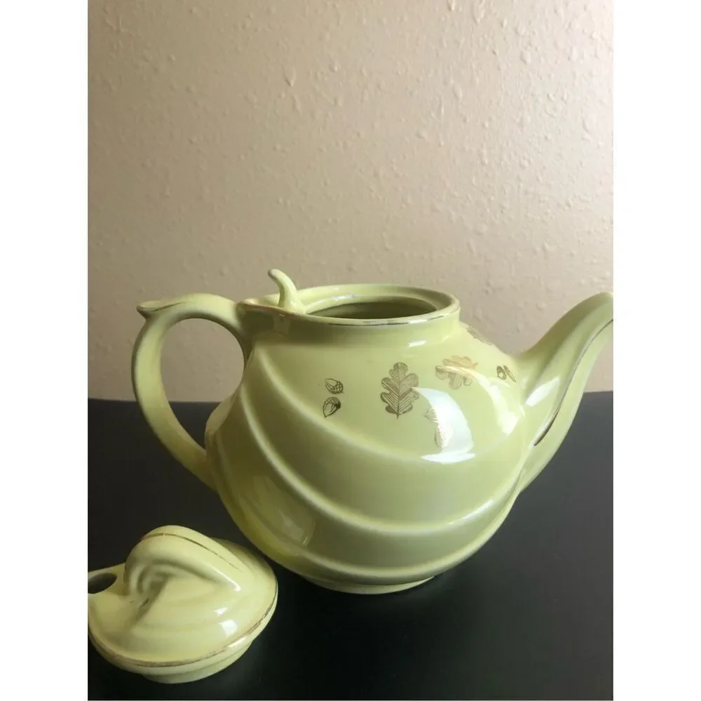 Retro Hall Teapot Canary Gold Label Parade Hook Yellow With Gold Oak Leaves 1950